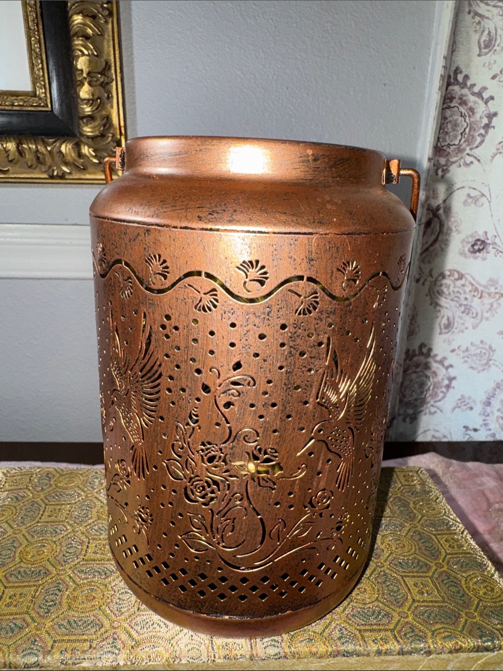 Hummingbird Copper Tone Decorative Lantern with Bird and Floral Cutwork